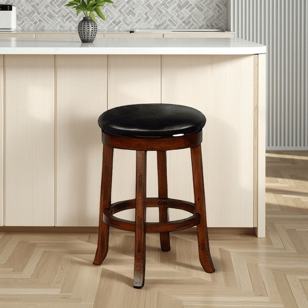 Reggie Swivel Counter Stool Set of 2, Black Faux Leather, Brown Wood -BM325290