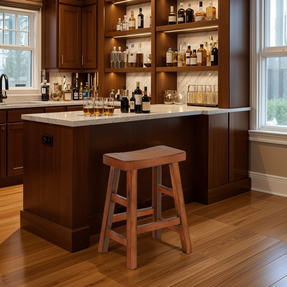 Marv Counter Height Stool Set of 2 | Saddle Seat with Ladder Style Base | Rustic Brown Mahogany Wood - BM325307