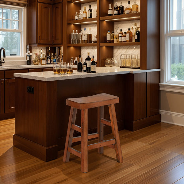 Marv Counter Height Stool Set of 2 | Saddle Seat with Ladder Style Base | Rustic Brown Mahogany Wood - BM325307