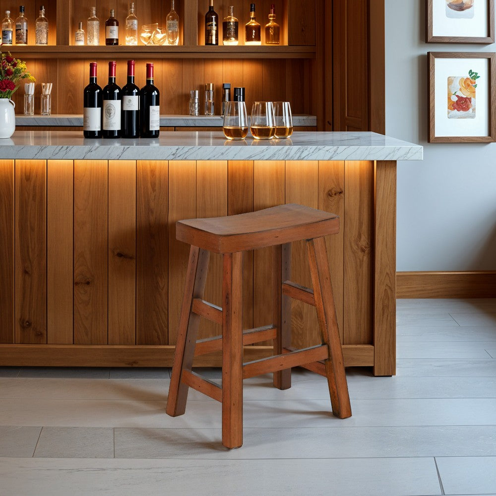 Marv Counter Height Stool Set of 2 | Saddle Seat with Ladder Style Base | Rustic Brown Mahogany Wood - BM325307