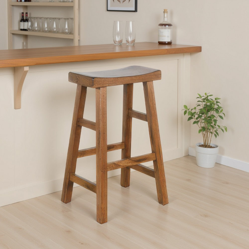 Marv Barstool Set of 2, Saddle Seat, Rustic Oak Mahogany Wood, 30 Inch -BM325308