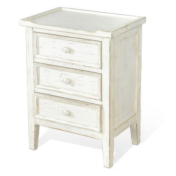 Rena Side End Table with 3 Drawers, 19 Inch Rustic White Mahogany Wood -BM325313