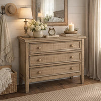 Rena Side End Table | 3 Drawers with Round Knobs | 28" Distressed Pebble Brown Mahogany Wood - BM325314