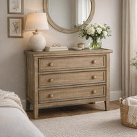 Rena Side End Table | 3 Drawers with Round Knobs | 28" Distressed Pebble Brown Mahogany Wood - BM325314