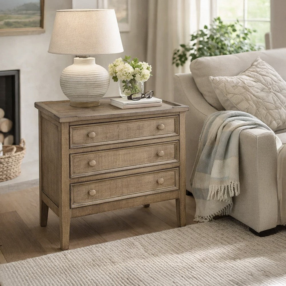 Rena Side End Table | 3 Drawers with Round Knobs | 28" Distressed Pebble Brown Mahogany Wood - BM325314