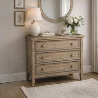 Rena Side End Table | 3 Drawers with Round Knobs | 28" Distressed Pebble Brown Mahogany Wood - BM325314