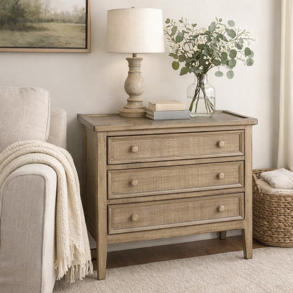 Rena Side End Table | 3 Drawers with Round Knobs | 28" Distressed Pebble Brown Mahogany Wood - BM325314