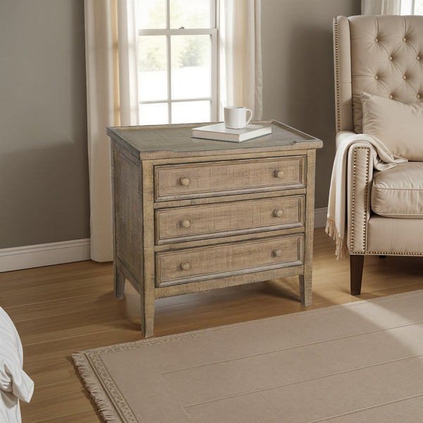 Rena Side End Table | 3 Drawers with Round Knobs | 28" Distressed Pebble Brown Mahogany Wood - BM325314