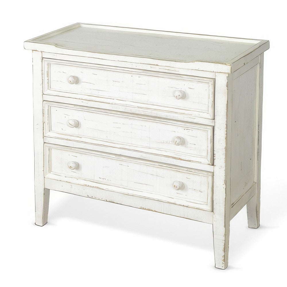 Rena Side End Table with 3 Drawers, 28 Inch Rustic White Mahogany Wood -BM325318