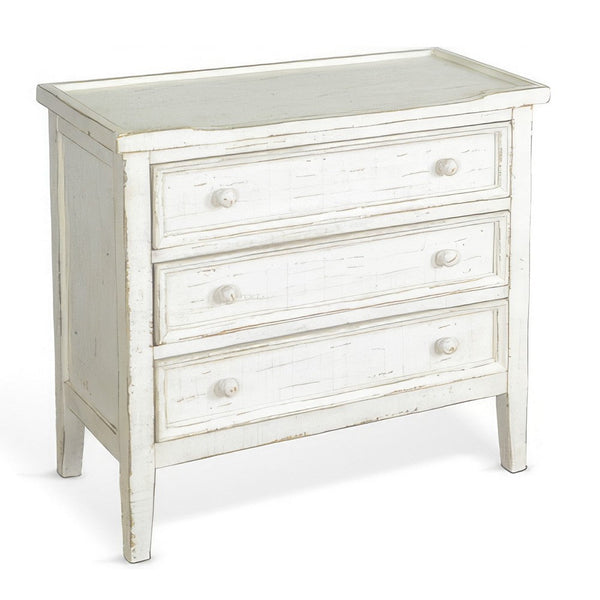Rena Side End Table with 3 Drawers, 28 Inch Rustic White Mahogany Wood