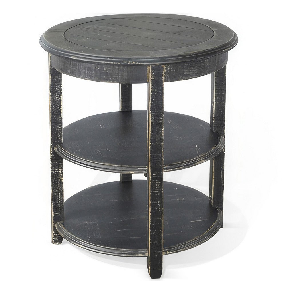 Rena Side End Table with 2 Shelves, 24 Inch Round Black Mahogany Wood -BM325325