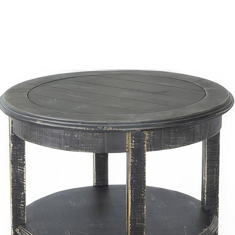 Rena Side End Table with 2 Shelves, 24 Inch Round Black Mahogany Wood -BM325325