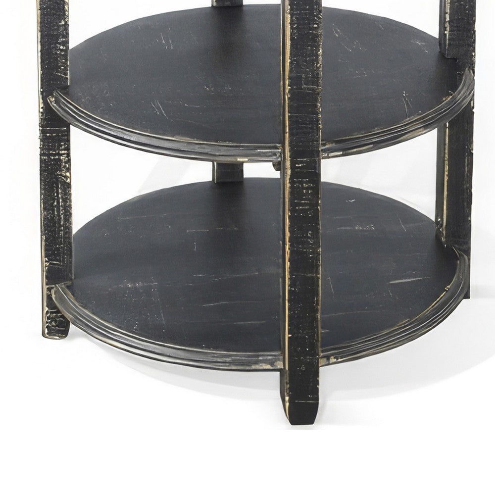 Rena Side End Table with 2 Shelves, 24 Inch Round Black Mahogany Wood -BM325325