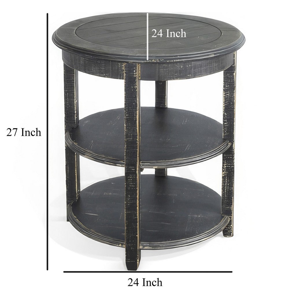 Rena Side End Table with 2 Shelves, 24 Inch Round Black Mahogany Wood -BM325325