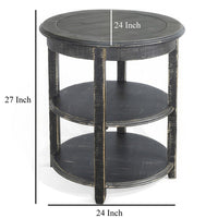 Rena Side End Table with 2 Shelves, 24 Inch Round Black Mahogany Wood -BM325325