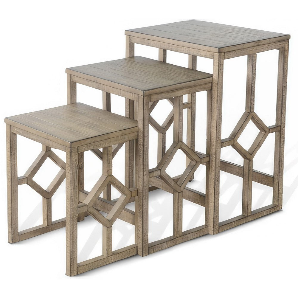Rena 3 Piece Nesting Accent Table Set | Geometric Frame | Distressed Pebble Brown Solid Mahogany Wood- BM325333