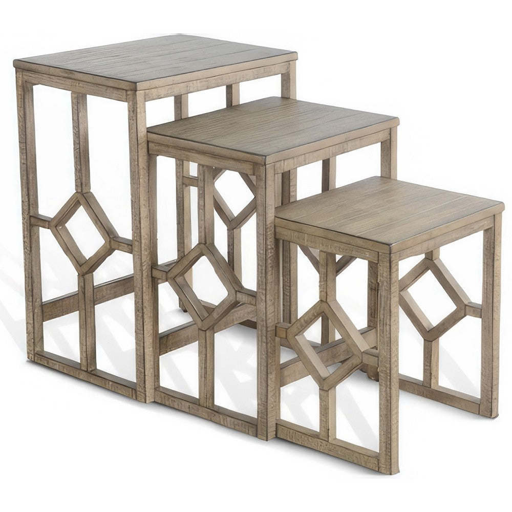 Rena 3 Piece Nesting Accent Table Set | Geometric Frame | Distressed Pebble Brown Solid Mahogany Wood- BM325333
