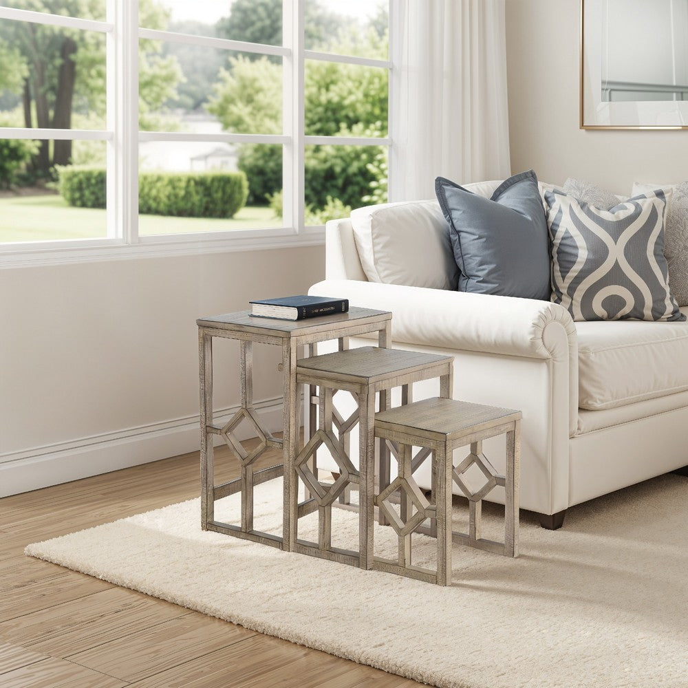 Rena 3 Piece Nesting Accent Table Set | Geometric Frame | Distressed Pebble Brown Solid Mahogany Wood- BM325333