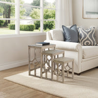 Rena 3 Piece Nesting Accent Table Set | Geometric Frame | Distressed Pebble Brown Solid Mahogany Wood- BM325333