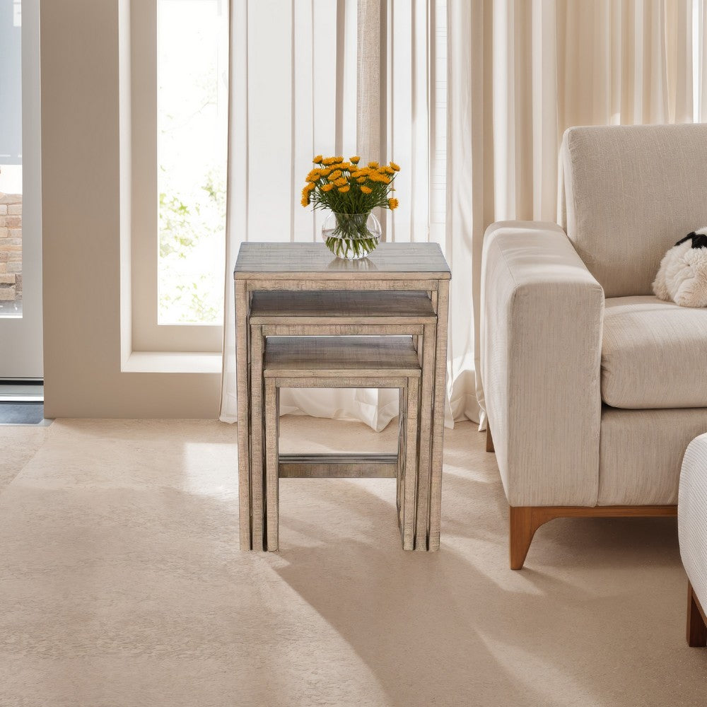 Rena 3 Piece Nesting Accent Table Set | Geometric Frame | Distressed Pebble Brown Solid Mahogany Wood- BM325333