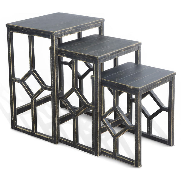 Rena 3 Piece Nesting Accent Table Set, Slatted, Rustic Black Mahogany -BM325334