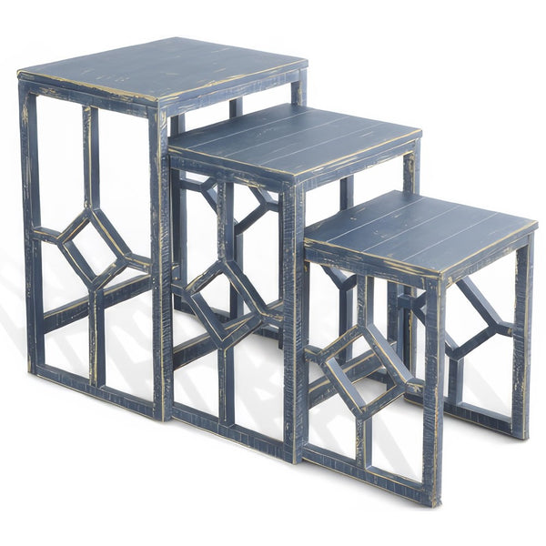 Rena 3 Piece Nesting Accent Table Set, Slatted, Rustic Blue Mahogany -BM325335