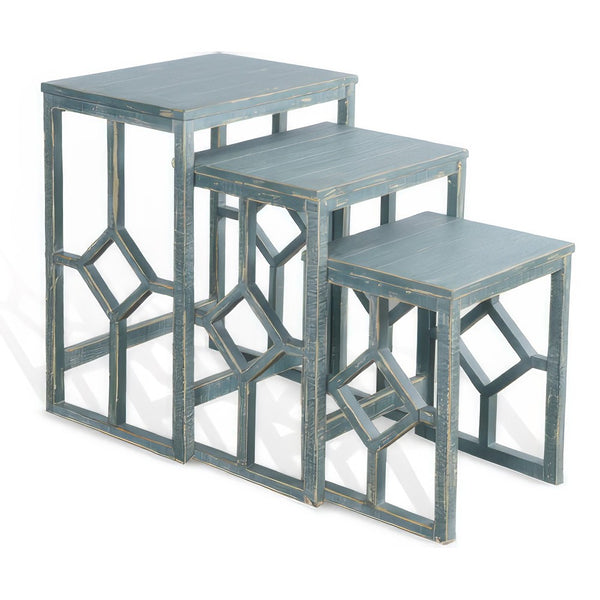 Rena 3 Piece Nesting Accent Table Set, Slatted, Rustic Green Mahogany -BM325336