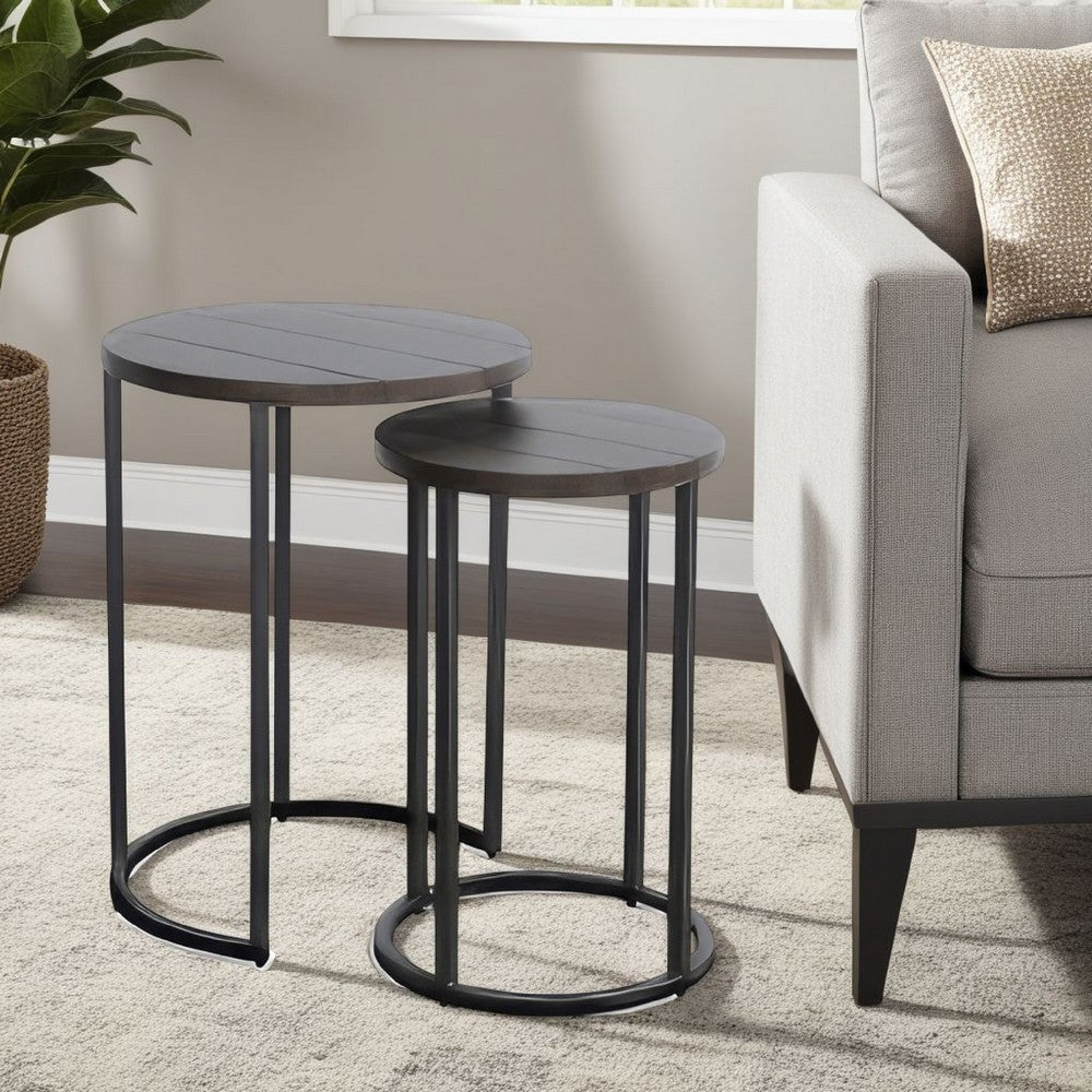 Flint 2 Piece Nesting Table Set, Dark Brown Mahogany, Black Metal Base -BM325339