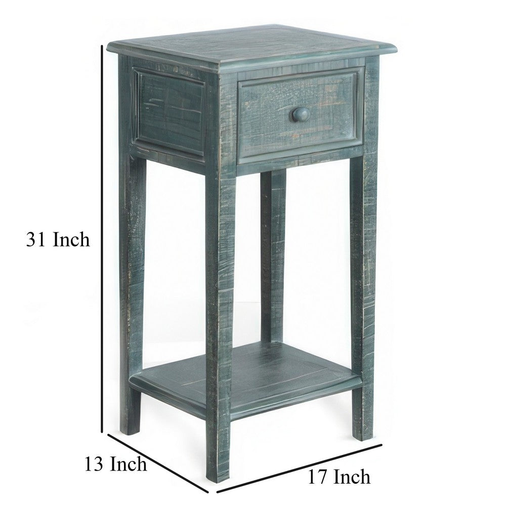Rena Side End Table with 1 Drawer, 17 Inch Rustic Green Mahogany Wood -BM325343