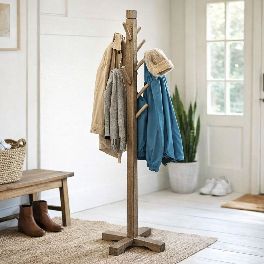 Rena Coat, Hat Tree Stand, 8 Wood Stems, 72 Inch Light Brown Mahogany -BM325364
