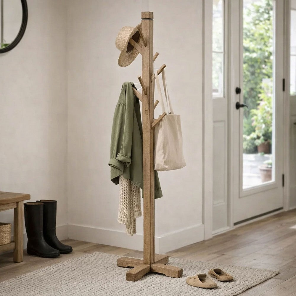 Rena Coat, Hat Tree Stand, 8 Wood Stems, 72 Inch Light Brown Mahogany -BM325364