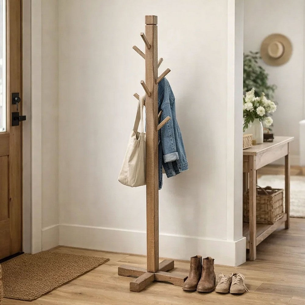 Rena Coat, Hat Tree Stand, 8 Wood Stems, 72 Inch Light Brown Mahogany -BM325364