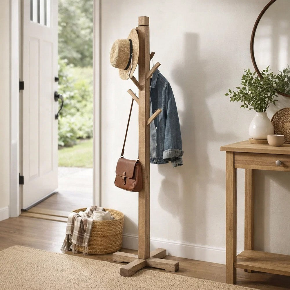 Rena Coat, Hat Tree Stand, 8 Wood Stems, 72 Inch Light Brown Mahogany -BM325364