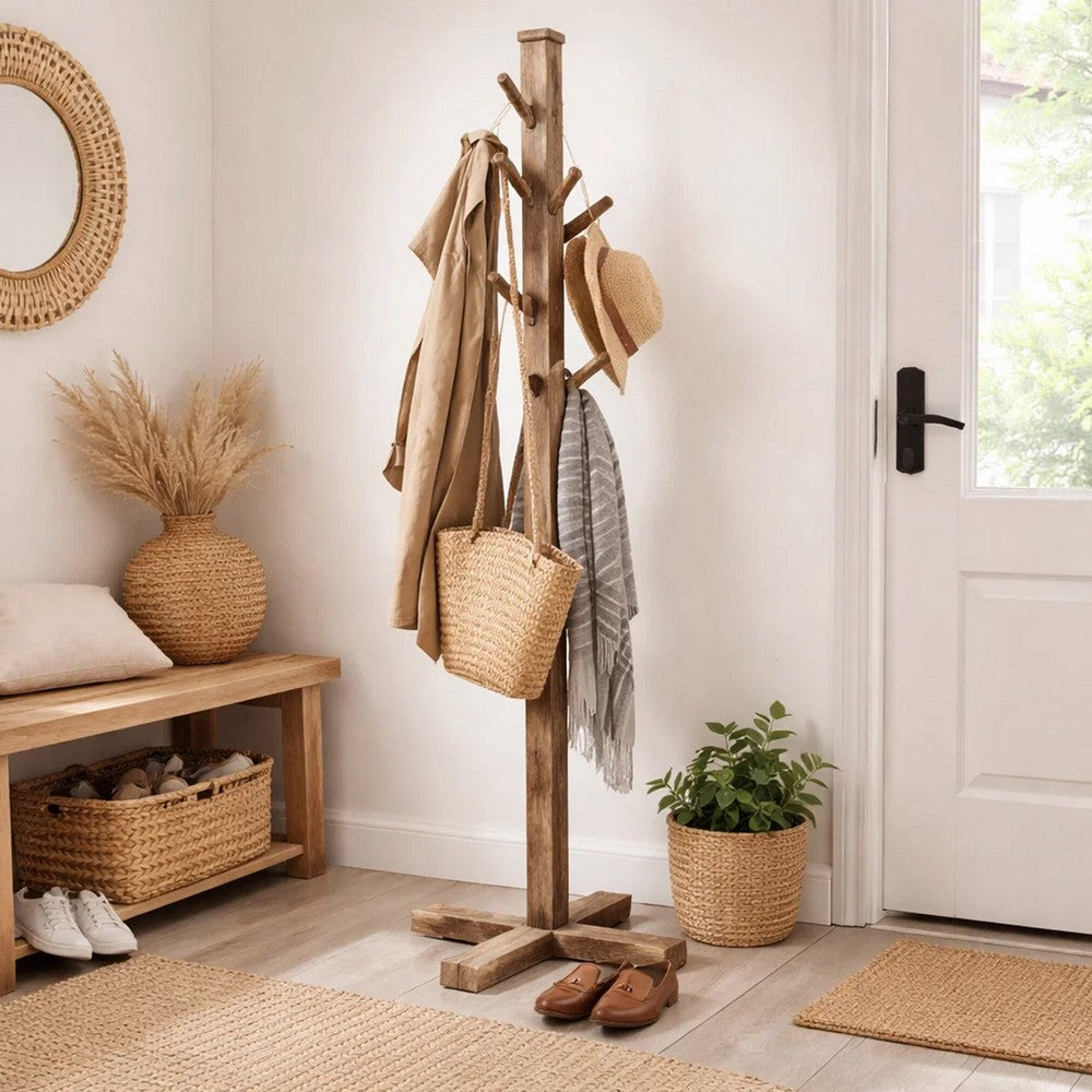Rena Coat, Hat Tree Stand, 8 Wood Stems, 72 Inch Light Brown Mahogany -BM325364