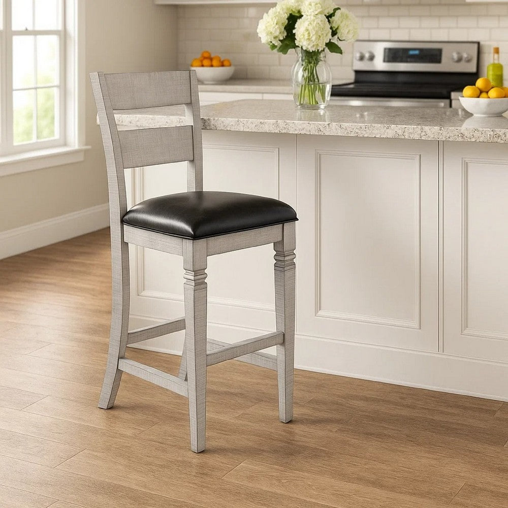 Zeka Barstool Chair Set of 2, Black Faux Leather, Gray Wood Ladderback -BM325414