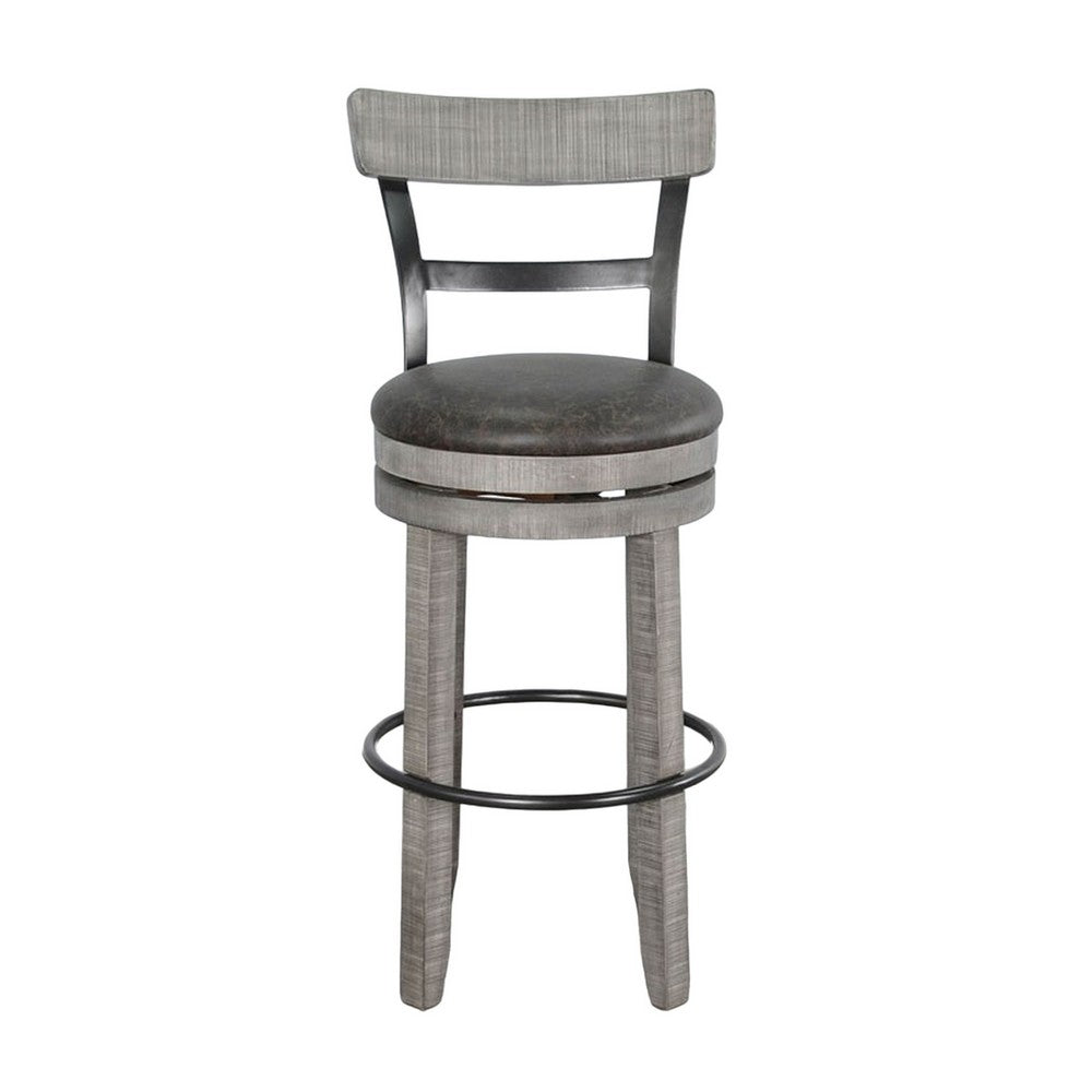 Zeka Swivel Barstool Chair Set of 2, Faux Leather, Gray Mahogany Wood -BM325429