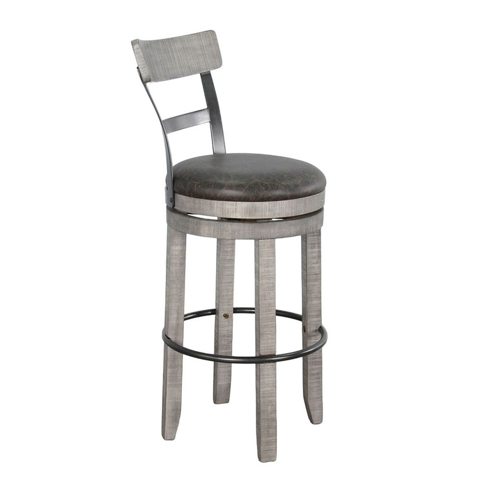 Zeka Swivel Barstool Chair Set of 2, Faux Leather, Gray Mahogany Wood -BM325429