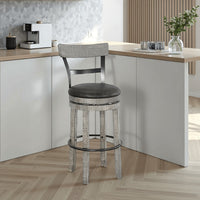 Zeka Swivel Barstool Chair Set of 2, Faux Leather, Gray Mahogany Wood -BM325429