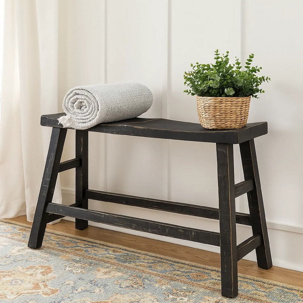 Rena Counter Height Bench, 33 Inch Rustic Black Mahogany Wood Frame -BM325438
