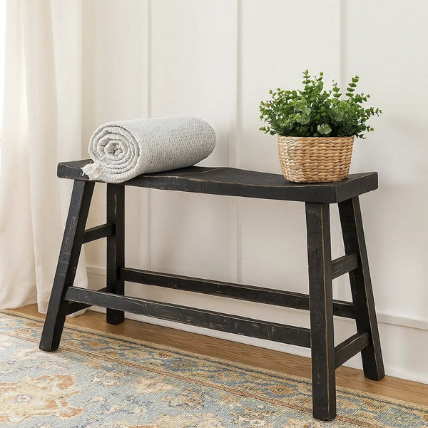 Rena Counter Height Bench, 33 Inch Rustic Black Mahogany Wood Frame -BM325438