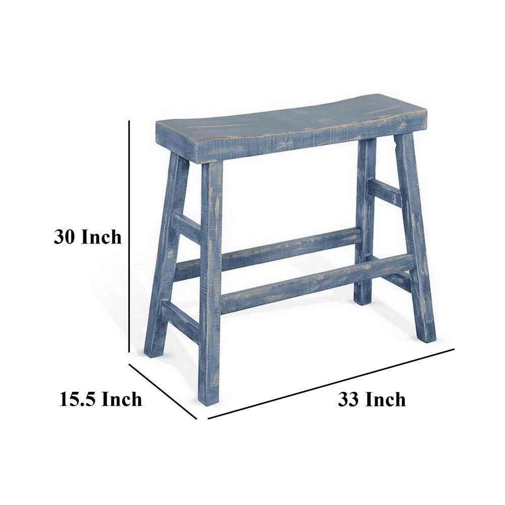 Rena Bar Height Bench | Trestle Legs with Footrests | 33" Wide Rustic Ocean Blue Mahogany Wood - BM325441