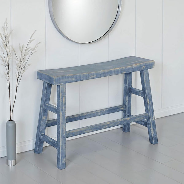 Rena Bar Height Bench | Trestle Legs with Footrests | 33" Wide Rustic Ocean Blue Mahogany Wood - BM325441