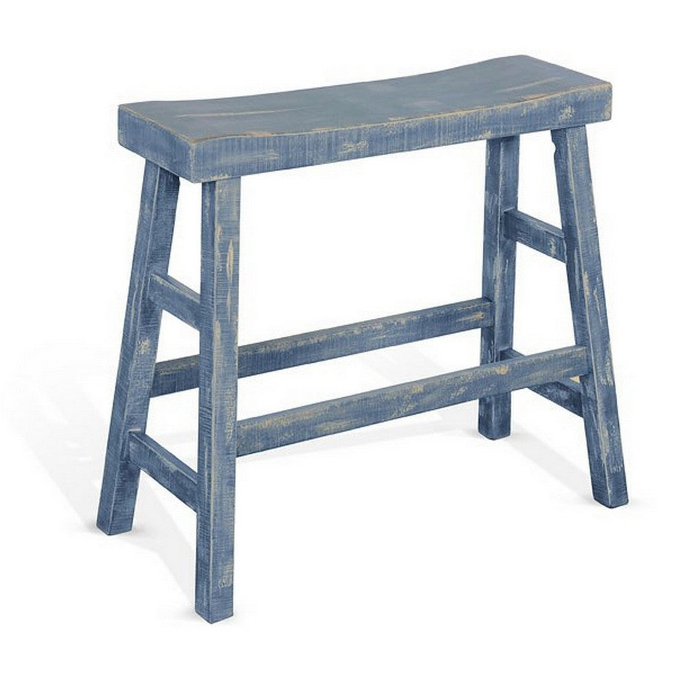 Rena Bar Height Bench | Trestle Legs with Footrests | 33" Wide Rustic Ocean Blue Mahogany Wood - BM325441