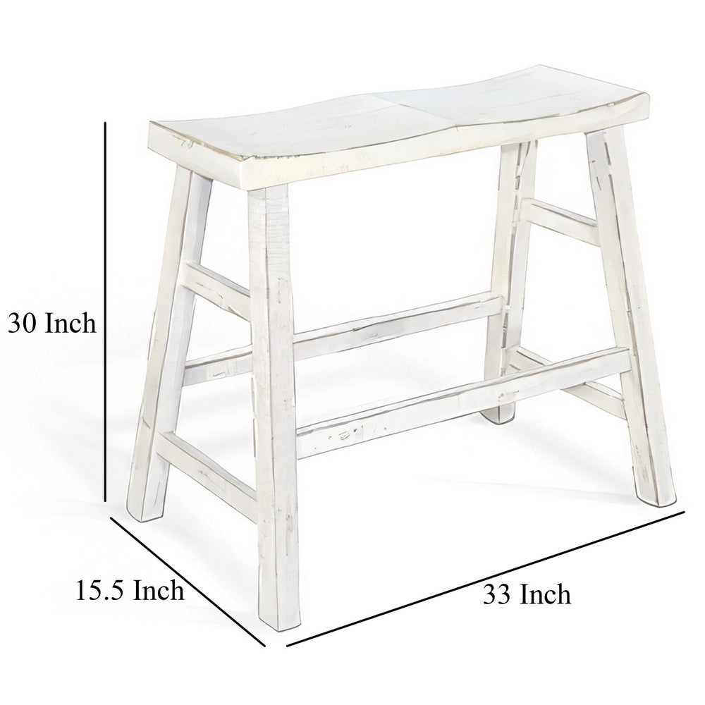 Rena Bar Height Bench | Trestle Legs with Footrests | 33" Wide Rustic White Sand Mahogany Wood - BM325445