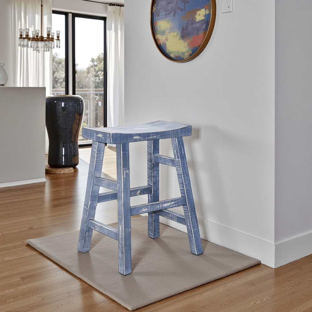 Rena Counter Stool Set of 2, Saddle Seat, Ocean Blue Mahogany Wood -BM325451