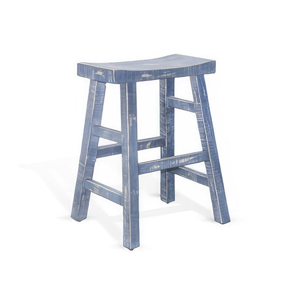 Rena Counter Stool Set of 2, Saddle Seat, Ocean Blue Mahogany Wood