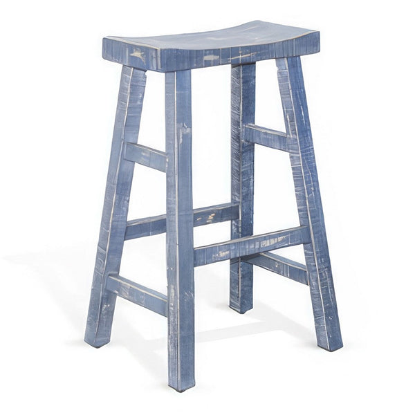 Rena Barstool Set of 2, Saddle Style Seat, Ocean Blue Mahogany Wood