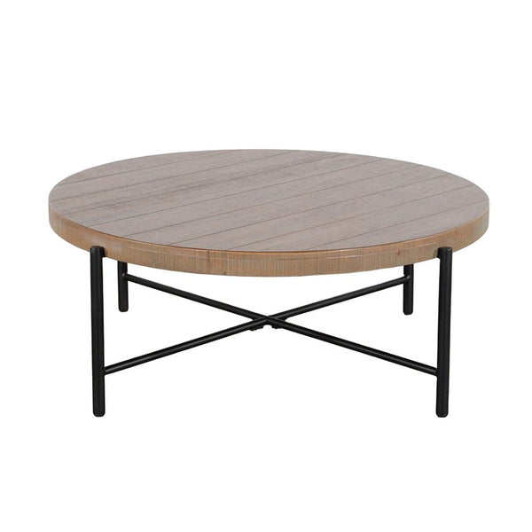 Reena Coffee Table, Light Brown Mahogany, Black Metal, Round 39 Inch -BM325484