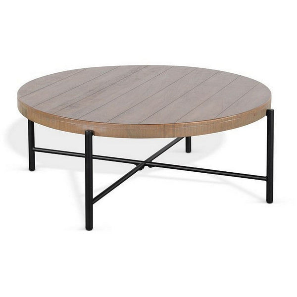 Reena Coffee Table, Light Brown Mahogany, Black Metal, Round 39 Inch