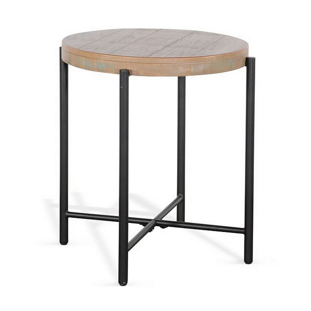 Reena Accent Chairside Table, Light Brown Wood, Black, Round 22 Inch